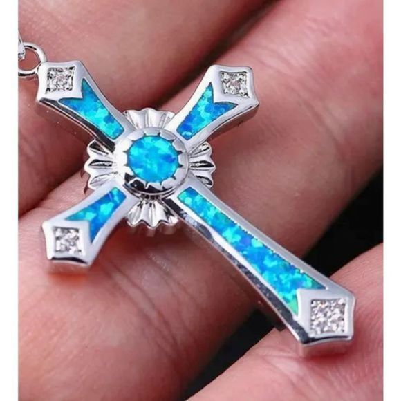 Copy - BEAUTIFUL BLUE OPAL CELTIC CROSS NECKLACE - Picture 3 of 8
